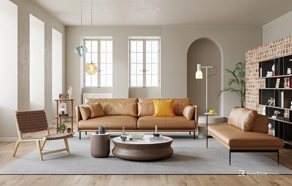 Beige Living Room Interior With Arched Doorway Brick Bookshelf Brown Sofa And Yellow Cushions 3d model 