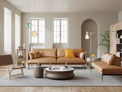 Beige Living Room Interior With Arched Doorway Brick Bookshelf Brown Sofa And Yellow Cushions 3d model