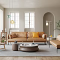 Beige Living Room Interior With Arched Doorway Brick Bookshelf Brown Sofa And Yellow Cushions