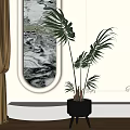 Bonsai Plant With Tall Green Leaves In Black Pot Against White Wall And Marble Background