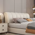 White Leather Upholstered Double Bed with Headboard Nightstand Lamp Curtains Pendant Lights and Gray Rug