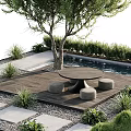 Charming Garden Decor With Wooden Deck Round Table Stools Tree Pool And Stone Path 3d model