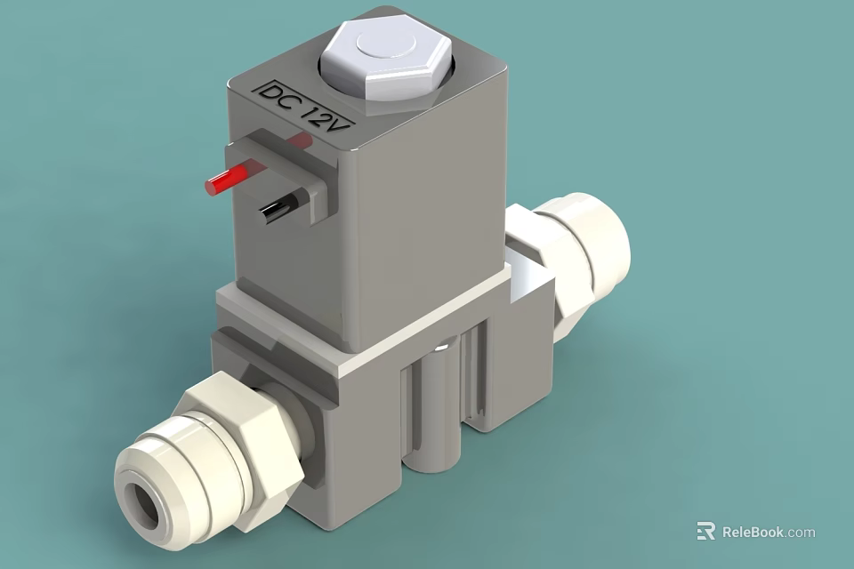 Industrial Pneumatic Solenoid Valve With Gray Body White Knob Red Component And White Connectors 3d model 