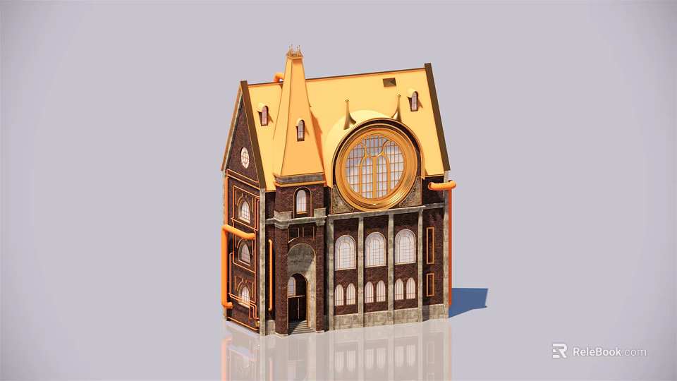 Detached Villa With Yellow Roof Round Window Brown Walls And Multi Story Design 3d model 