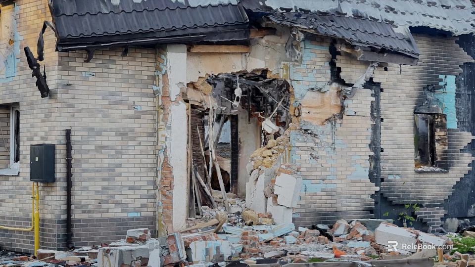 Collapsed House Exterior With Damaged Brick Walls Debris At Entrance And Damaged Roof 3d model 