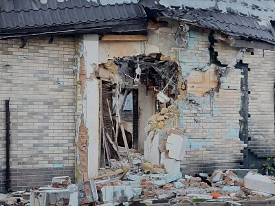Collapsed House Exterior With Damaged Brick Walls Debris At Entrance And Damaged Roof 3d model
