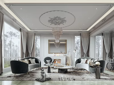 Luxury Living Room with Crystal Chandelier Large Windows Sofa Fireplace and Area Rug 3d model