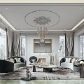Luxury Living Room with Crystal Chandelier Large Windows Sofa Fireplace and Area Rug