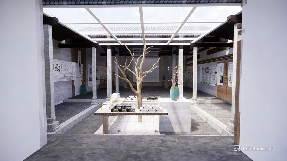 Traditional Exhibition Hall Interior With Courtyard Layout Columns Tree Branch Decoration And Glass Roof 3d model 