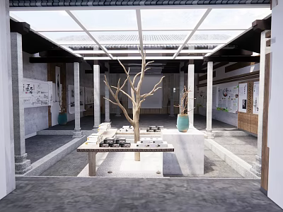 Traditional Exhibition Hall Interior With Courtyard Layout Columns Tree Branch Decoration And Glass Roof 3d model