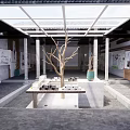 Traditional Exhibition Hall Interior With Courtyard Layout Columns Tree Branch Decoration And Glass Roof