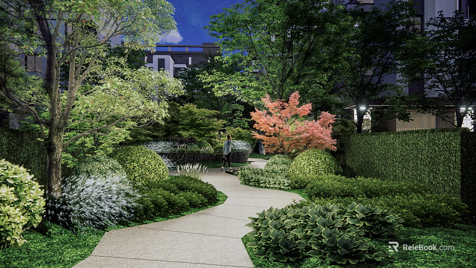 Night Garden Landscape With Paved Pathway Green Plants Red Maple Tree Trimmed Hedges And Lighting 3d model 