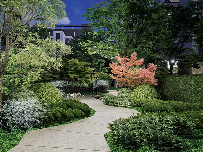 Night Garden Landscape With Paved Pathway Green Plants Red Maple Tree Trimmed Hedges And Lighting 3d model