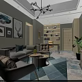 Hotel Guest Room Interior With Cozy Sofa Armchair Geometric Rug Modern Chandelier And Bookshelf