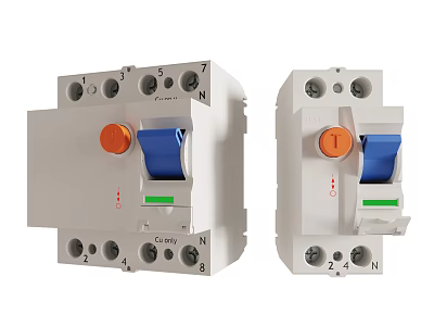 Industrial Grade Electrical Circuit Breakers with White Casing Orange Button Blue Switch and Terminal Connections 3d model