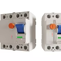 Industrial Grade Electrical Circuit Breakers with White Casing Orange Button Blue Switch and Terminal Connections 3d model