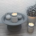 Stylish Side Table Featuring Tray Candle Pumpkin Decor Green Plant Metal Planter White Brick Backdrop