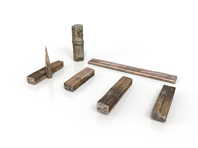 Natural Bamboo Stem And Wooden Blocks Displayed On White Surface 3d model