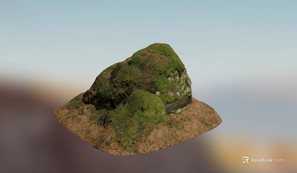 Natural Stone Decorative Piece With Wood Base And Green Moss 3d model 