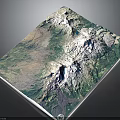 Satellite View Of Volcanic Mountain Terrain With Snow Capped Peaks And Green Vegetation