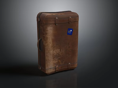 Brown Leather Suitcase With Metal Buckles And Blue Label For Travel Use 3d model