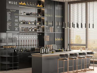 Modern Bar Interior Design With Bar Counter Stools Bottle Shelves And Window Blinds 3d model