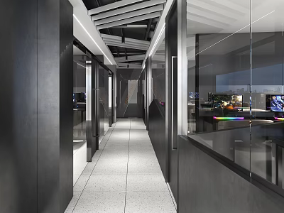 Modern Internet Cafe Corridor With Glass Partitions Dark Walls And City Night View 3d model
