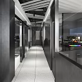 Modern Internet Cafe Corridor With Glass Partitions Dark Walls And City Night View