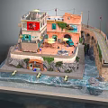 Modern Scenic Waterfront Building With Orange Facade Balcony Outdoor Seating Umbrellas Bridge And Boats