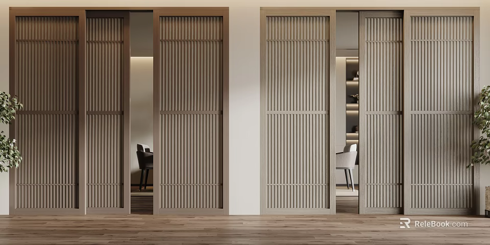 Modern Sliding Doors Interior Design With Vertical Wooden Slats And Room Setting 3d model 