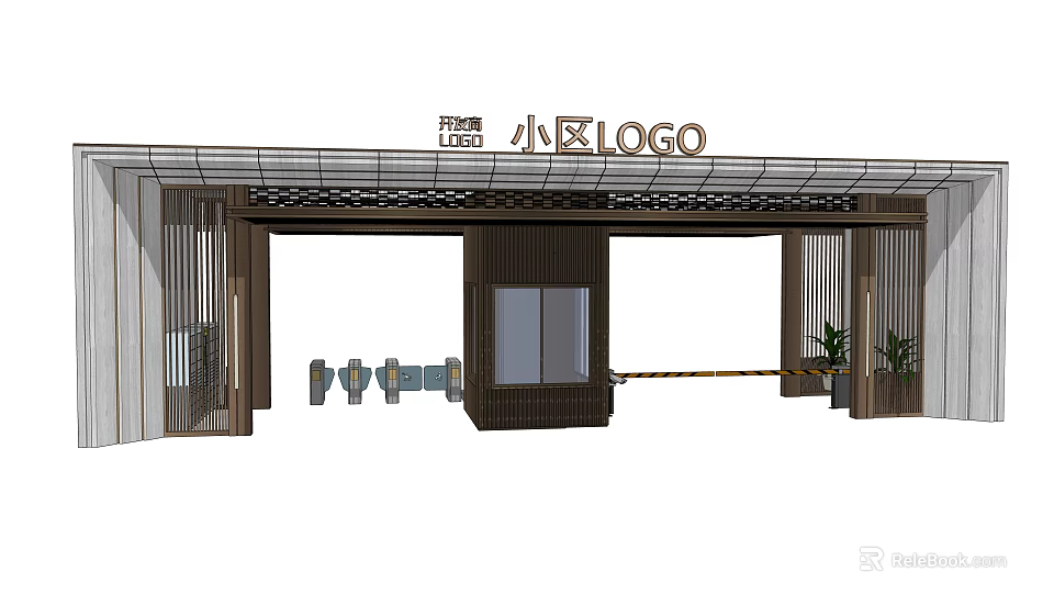Modern Residential Community Entrance Gate With Logo Wooden Structure And Glass Door 3d model 