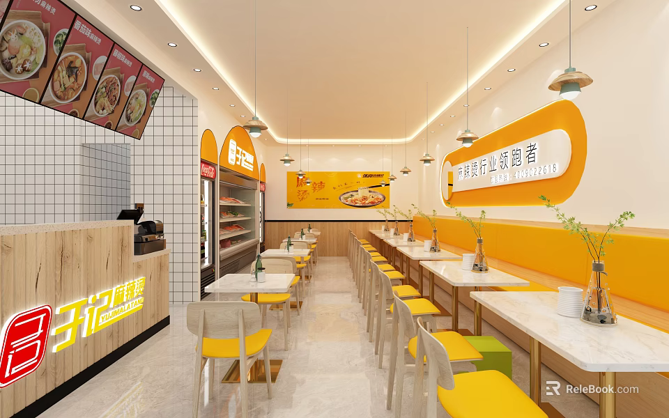 Modern Restaurant Interior With Yellow Orange Tables Chairs Menu Posters And Hanging Lights 3d model 