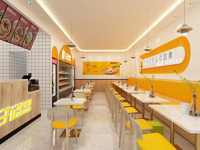 Modern Restaurant Interior With Yellow Orange Tables Chairs Menu Posters And Hanging Lights 3d model