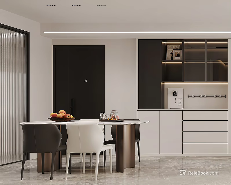 Modern Restaurant Interior With Round Table Black White Chairs Glass Cabinets And Fruit Decor 3d model