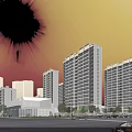 Modern High Rise Residential Buildings Exterior With Street Cars And Greenery