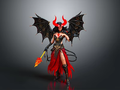 Fantasy Demoness With Red Horns Black Wings Red Skirt Tail And Flaming Torch 3d model