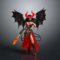 Fantasy Demoness With Red Horns Black Wings Red Skirt Tail And Flaming Torch