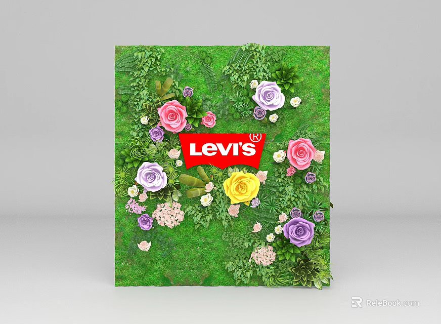 Vibrant Living Plant Wall Decorated With Colorful Flowers And Levi's Logo 3d model 