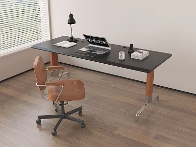 Modern Office Desk With Laptop Desk Lamp Notebook Mug And Ergonomic Chair 3d model