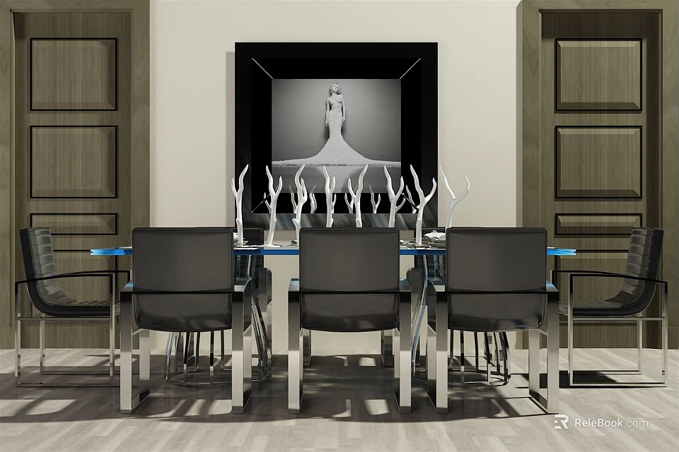 Modern Glass Top Dining Table Set With Black Chairs Metal Legs And Decorative Painting 3d model 