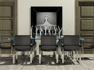Modern Glass Top Dining Table Set With Black Chairs Metal Legs And Decorative Painting 3d model