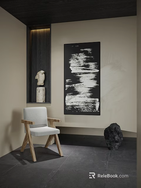 Black And White Abstract Painting In Minimalist Interior With Wooden Chair Sculpture And Stone 3d model 