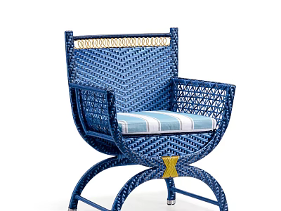 Stylish Blue Wicker Outdoor Chair With Comfortable Striped Cushion And Armrests 3d model