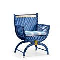 Stylish Blue Wicker Outdoor Chair With Comfortable Striped Cushion And Armrests