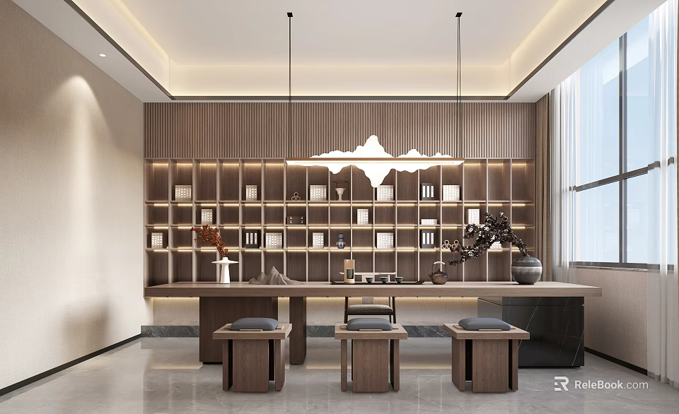 Modern Tea Room Interior Design With Wooden Bookshelves Cloud Hanging Lamp And Stools 3d model 