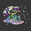 Festive Green Plant Decorated With Snow Red Ornaments Blue Figurines Gift Boxes And Falling Snowflakes