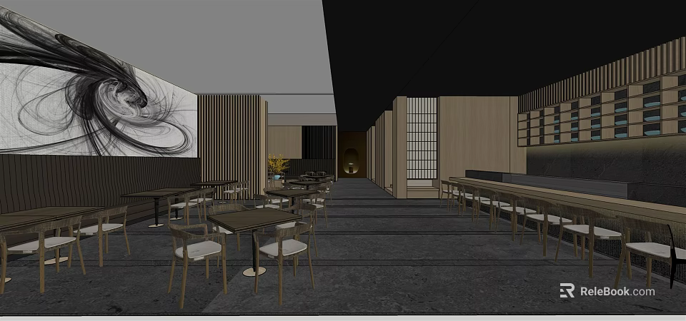 Modern Restaurant Interior Design With Wooden Tables Chairs Decorative Painting And Sliding Screens 3d model 
