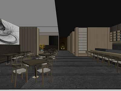 Modern Restaurant Interior Design With Wooden Tables Chairs Decorative Painting And Sliding Screens 3d model