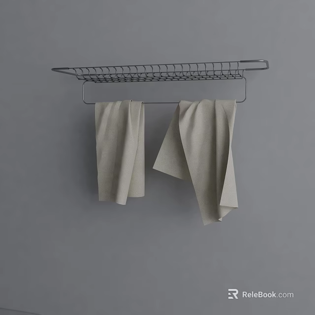 Two Light Colored Towels Hanging on Metal Rack Against Gray Wall 3d model 