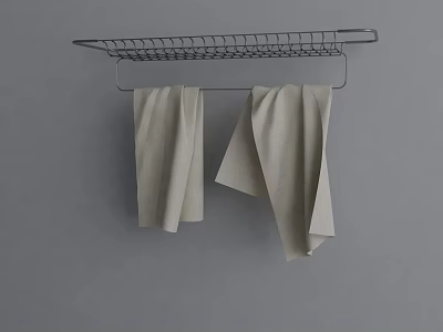Two Light Colored Towels Hanging on Metal Rack Against Gray Wall 3d model